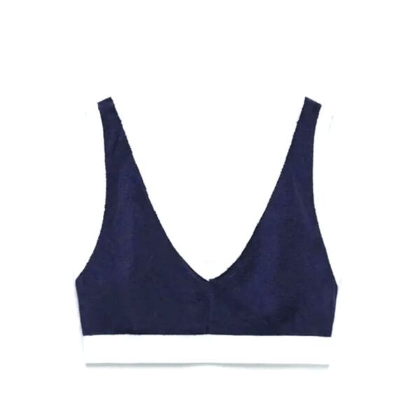 ZARA Terry Cloth 70s Womens Crop Tank Top Bralette Navy White Cut Out V Neck M - Picture 3 of 7